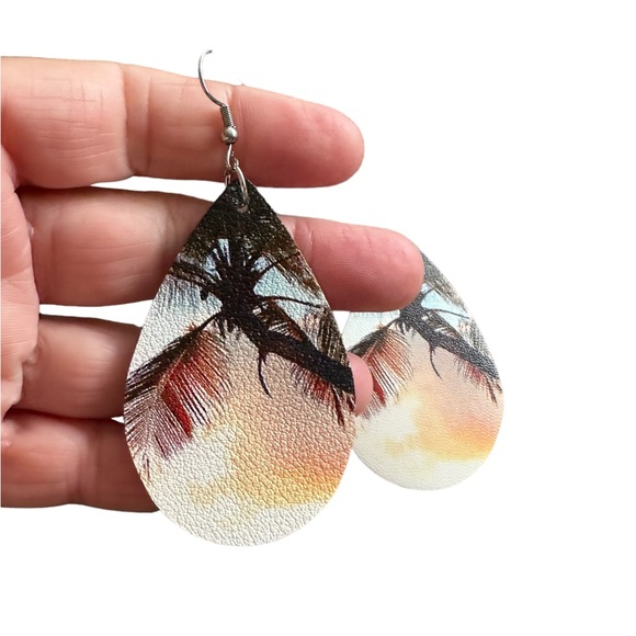 Palm Tree and Sky Tropical Leather Teardrop Earrings - Picture 2 of 3